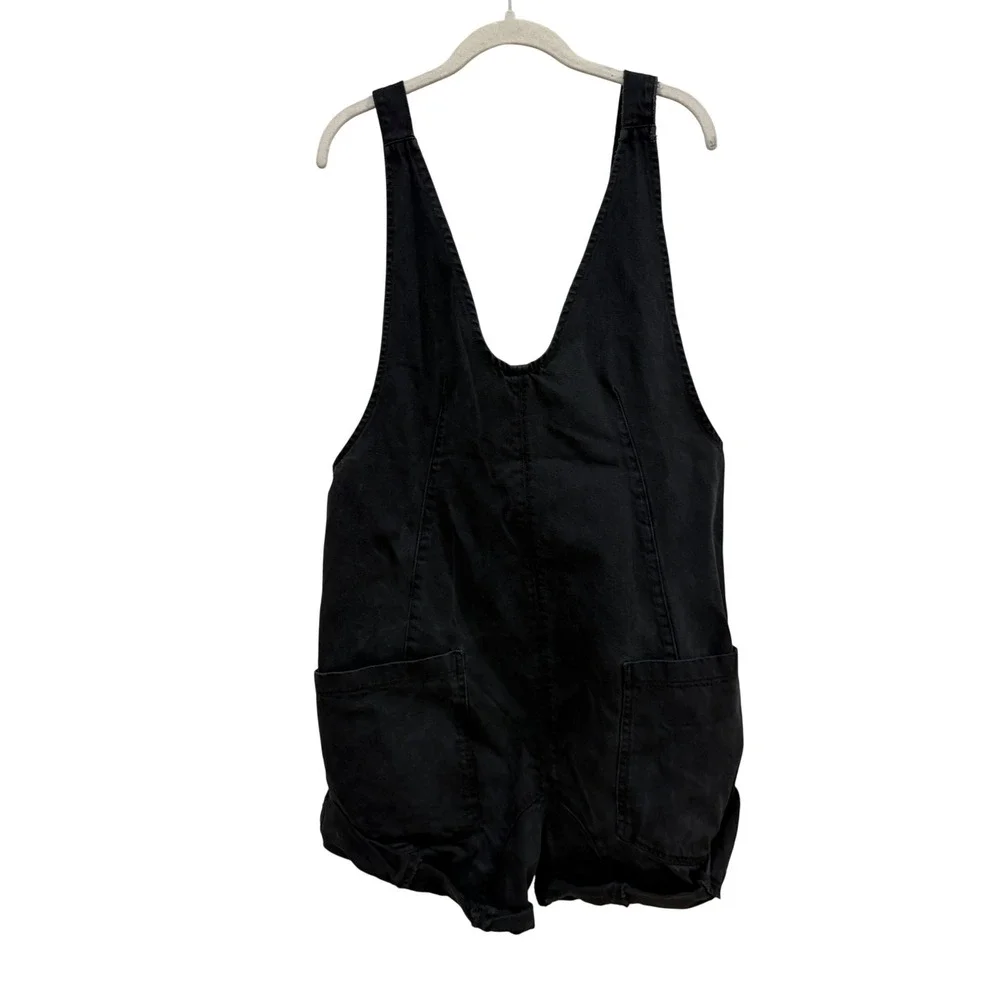 We The Free Free People Black Denim Short Overalls V-Neck Shortalls Size M